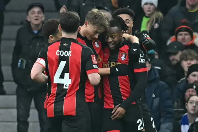 Antoine Semenyo celebrates with teammates after scoring