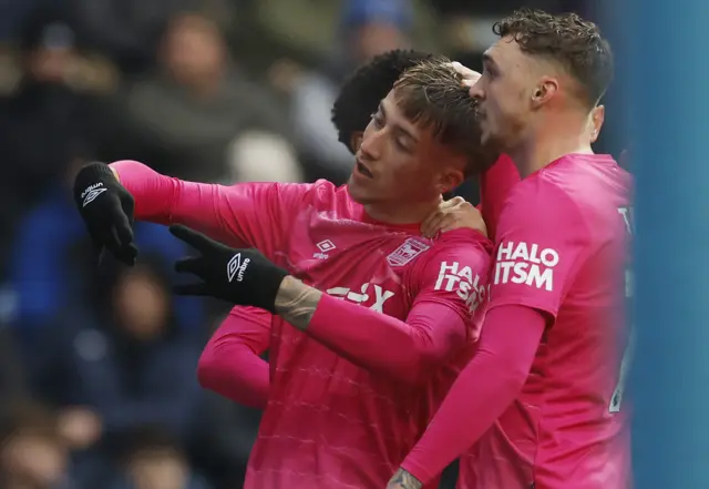 Ipswich Town's Jack Clarke celebrates scoring their second goal with Jack Taylor