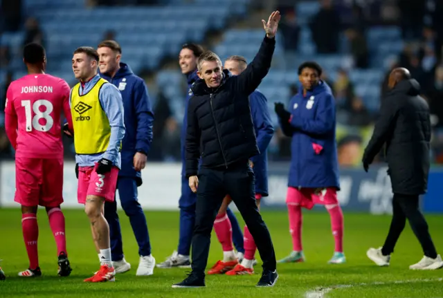 Ipswich Town manager Kieran McKenna celebrates after the match