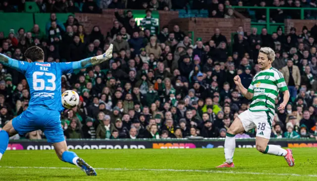 Daizen Maeda scores to make it 2-0 to Celtic v Raith Rovers