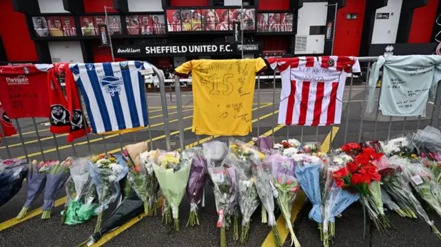 Tributes for Harvey Willgoose outside Bramall Lane