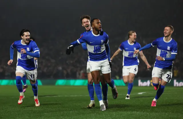 Birmingham City's Ethan Laird celebrates scoring their first goal with teammates