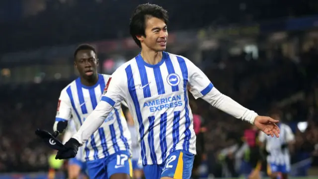 Kaoru Mitoma of Brighton & Hove Albion celebrates scoring his team's second goal