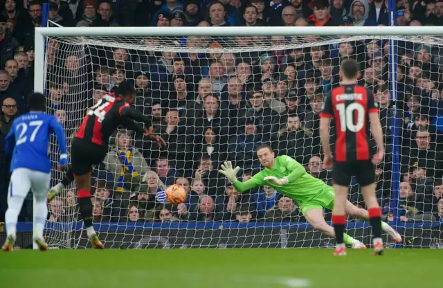 Everton goalkeeper Jordan Pickford dives in vain as Bournemouth's Antoine Semenyo scores their side's first goal