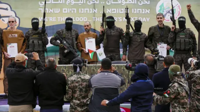 Israeli hostages with Hamas fighters