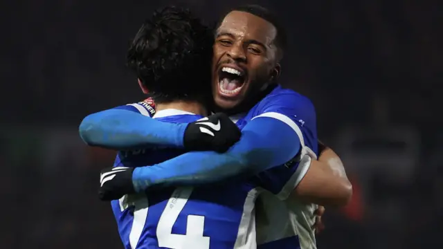 Birmingham City's Tomoki Iwata celebrates scoring their second goal with Ethan Laird