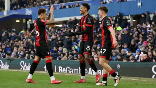 Daniel Jebbison of AFC Bournemouth celebrates scoring his team's second goal with teammates Marcus Tavernier and Ben Winterburn