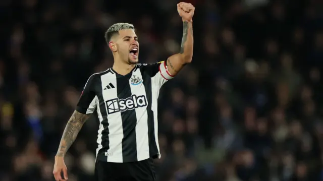 Newcastle United's Bruno Guimaraes celebrates after Joe Willock scores their first goal