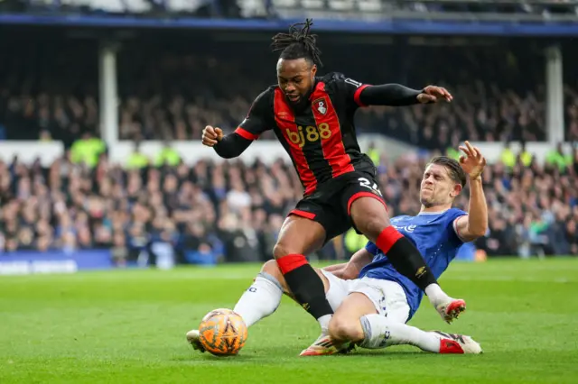 James Tarkowski of Everton fouls Antoine Semenyo of Bournemouth for a first half penalty