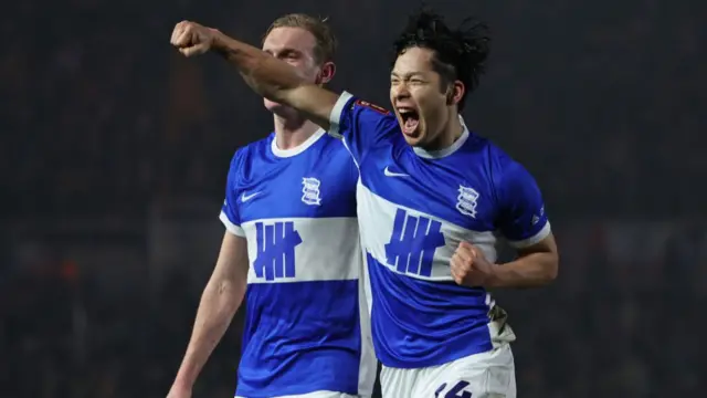 Tomoki Iwata celebrates after scoring Birmingham City's second goal