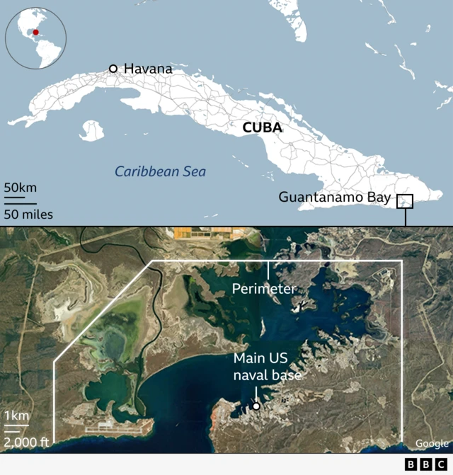 A map of Guantanamo Bay which shows where the main US naval base is positioned, as well as where the bay is in relation to the nation of Cuba