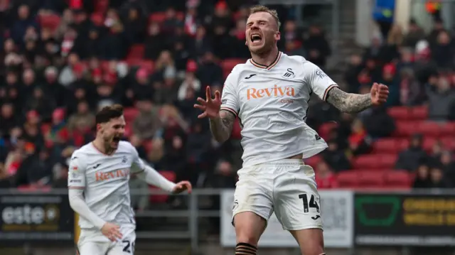 Josh Tymon celebrates scoring