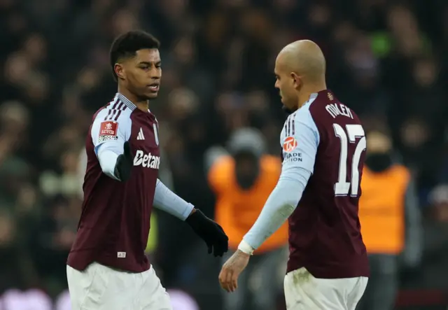 Aston Villa's Marcus Rashford comes on as a substitute to replace Donyell Malen