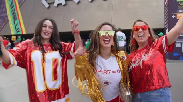 Kansas City Chiefs fans Bailey, Cassie and Leah before Super Bowl 59