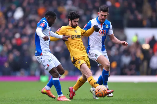 Goncalo Guedes of Wolverhampton Wanderers and Augustus Kargbo and Danny Batth of Blackburn Rovers in action