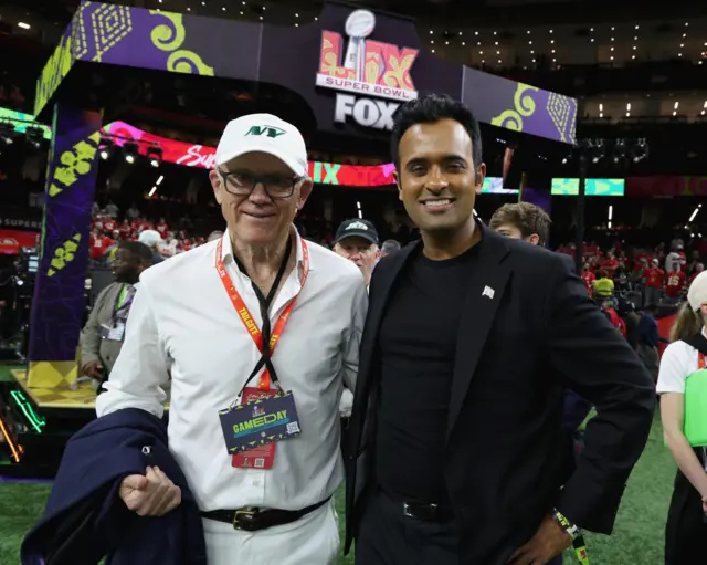 Woody Johnson and Vivek Ramaswamy attend the Super Bowl LIX Pregame