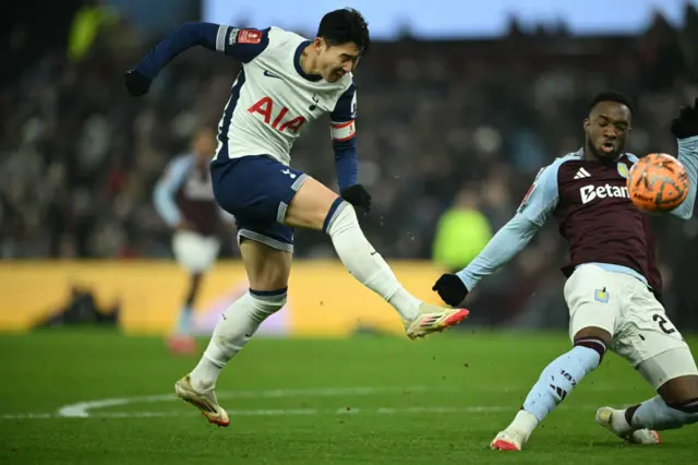 Son Heung-Min has this shot blocked by Aston Villa's Lamare Bogarde