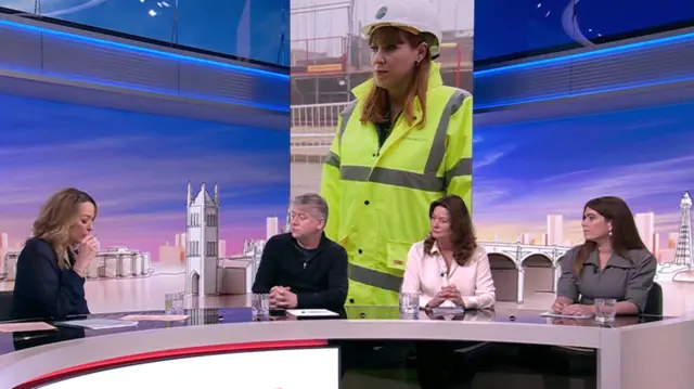 BBC Sunday with Laura Kuenssberg panel. Left to right, Laura Kuenssberg, Greg Jackson, Gillian Keegan, Vicky Spratt. There is a big picture of Angela Rayner behind them.