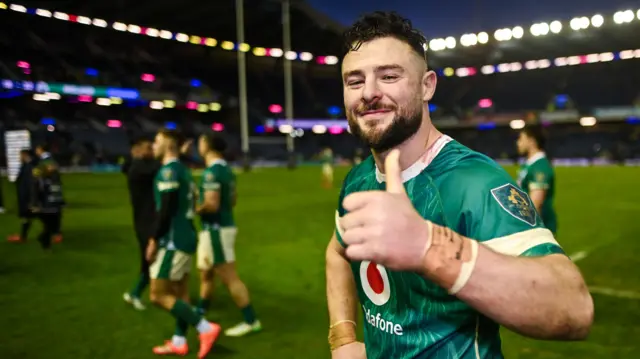 Ireland centre Robbie Henshaw gives a thumbs up at full-time