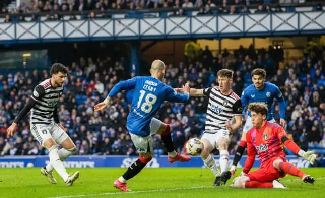 Vaclav Cerny sees his shot saved