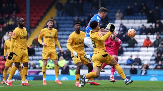 Dominic Hyam of Blackburn Rovers scores a goal which is later ruled out for offside