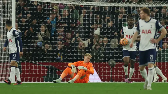 Tottenham Hotspur's Antonin Kinsky looks dejected after Aston Villa's Jacob Ramsey scores