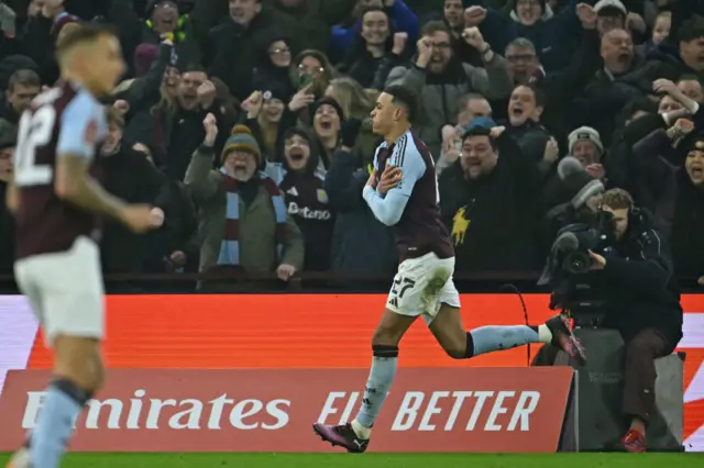 Morgan Rogers celebrates after scoring Aston Villa's second goal