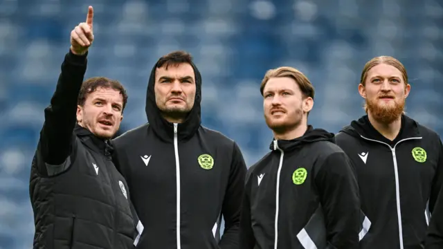 Motherwell's Andy Halliday (L) with teammates Tony Watt, Callum Slattery and Luke Armstrong before a William Hill Premiership match between Rangers and Motherwell at Ibrox Stadium