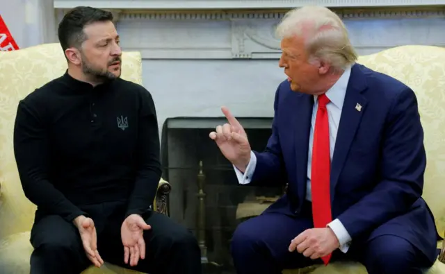 Trump speaks at Zelensky pointing his finger, while Zelensky looks back in the Oval Office.