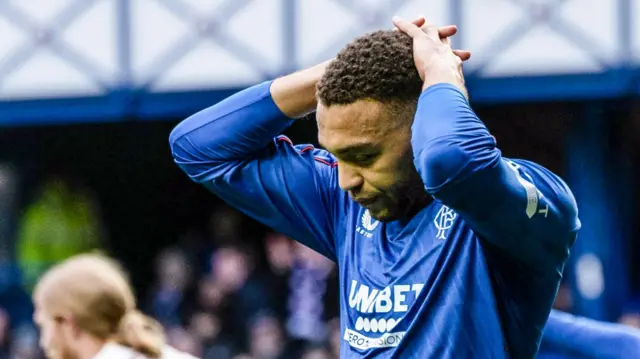 Rangers' Cyriel Dessers looks dejected after missing a first half chance during a William Hill Premiership match between Rangers and Motherwell at Ibrox Stadium