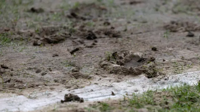 The pitch surface looks damaged during a William Hill Championship match between Dunfermline Atheltic and Greenock Morton at KDM Group East End Park