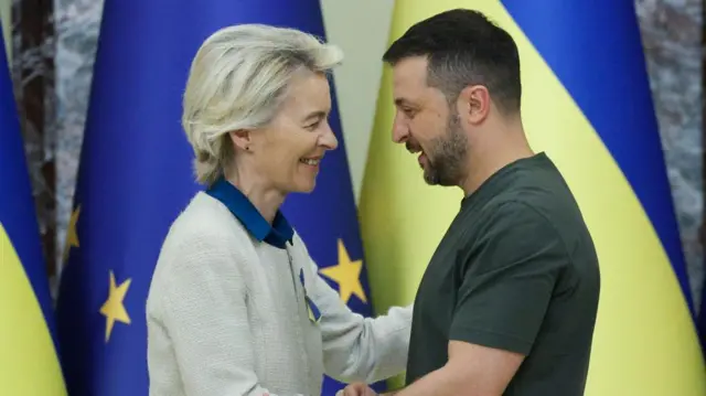 President of the European Commission Ursula Von der Leyen shakes hands with Zelensky, with the EU and Ukrainian flags in the background.