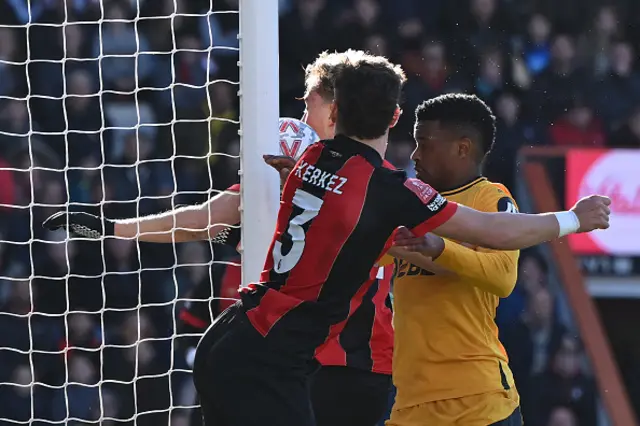 The ball is bundled into the net by Bournemouth's Spanish defender #02 Dean Huijsen