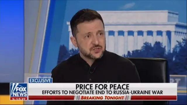 President Zelensky speaks on Fox News and the words 'Price for Peace' reads on the text below his image