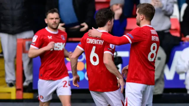 Charlton players celebrate scoring in the 3-0 win over Exeter