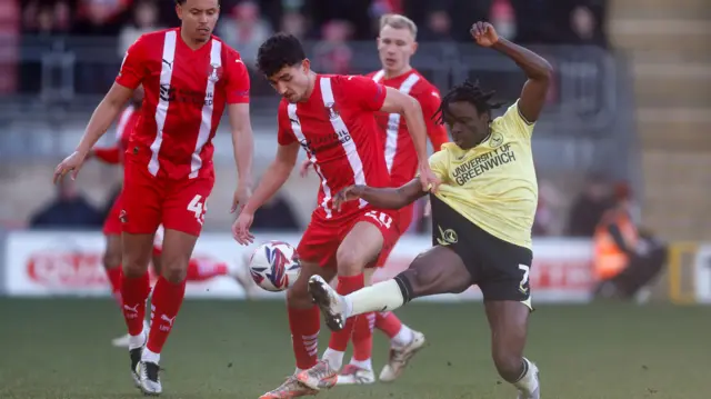 Charlton's Tyreece Campbell challenges for the ball against Leyton Orient