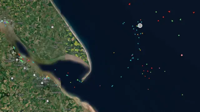 A map showing the rea where ships are moving off the east coast of England