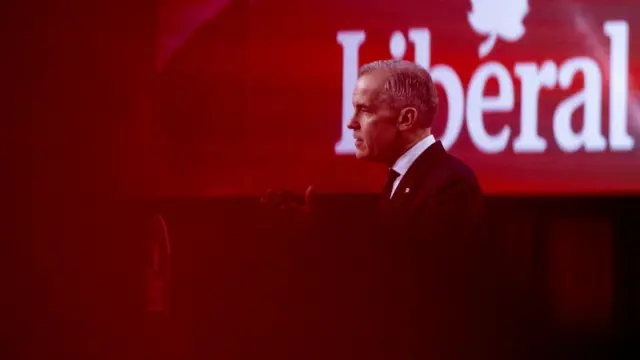Former Bank of Canada and Bank of England governor Mark Carney speaks at a podium. You can see the Liberal logo in the background and he is gesturing with his hands.