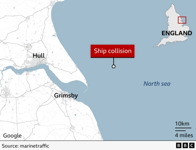 Map showing the spot of the collision in the North Sea