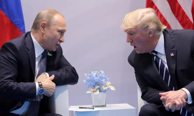 Putin and Trump leaning over to talk to each other, Trump with his hands clasped, with blue flowers in between them