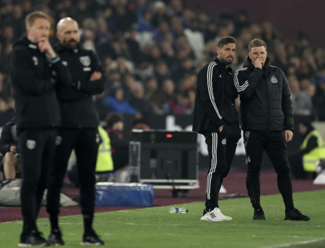 West Ham United manager Graham Potter and assistant coach Bruno alongside Newcastle United assistant manager Jason Tindall and manager Eddie Howe