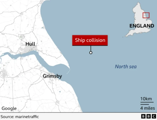 A map showing the location of the ship collision off the coast near Hull and Grimsby, in the North Sea