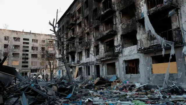 Damaged building in Dobropillya, Donetsk, Ukraine.