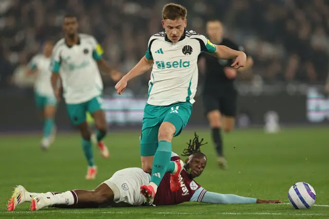 Aaron Wan-Bissaka makes a last-ditch tackle on Harvey Barnes