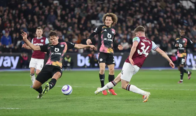 West Ham United's Evan Ferguson sees his shot blocked