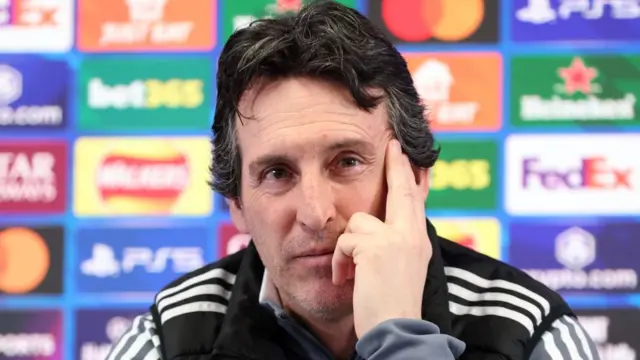 Unai Emery, Manager of Aston Villa, during a press conference.