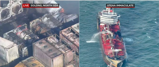 Split image. Containers on board a cargo ship on the left. An aerial shot of an oil tanker, with water gushing out, on the right.