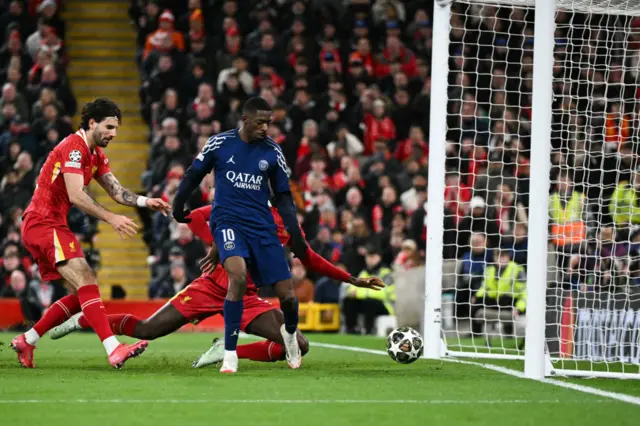 Ousmane Dembele shoots and scores his team first goal.