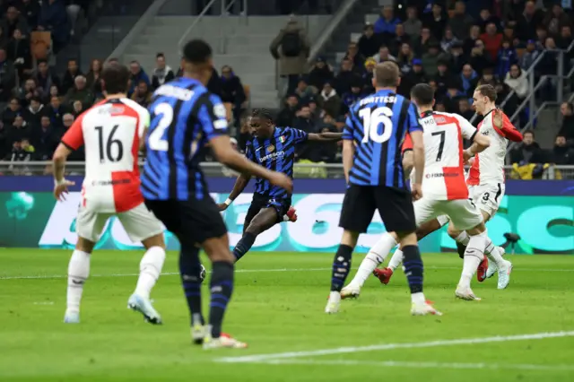 Inter Milan's Marcus Thuram scores their first goal.