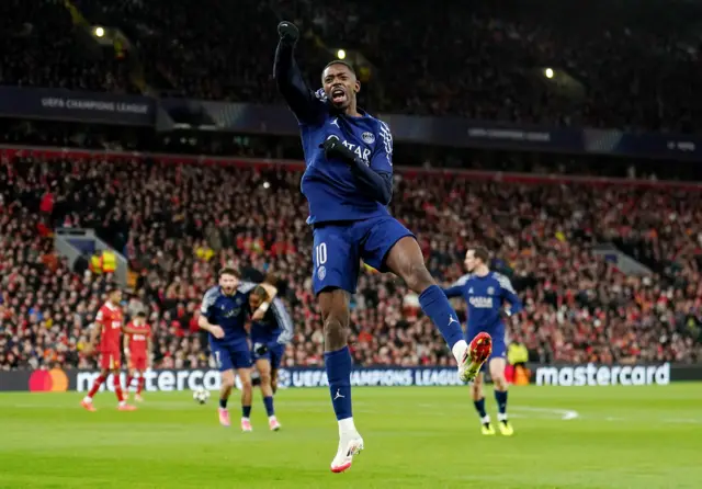 Paris Saint-Germain's Ousmane Dembele celebrates scoring their side's first goal.